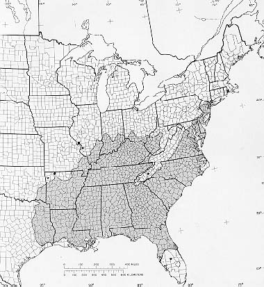 The native range map of sweetgum.