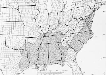 The native range map of willow oak.