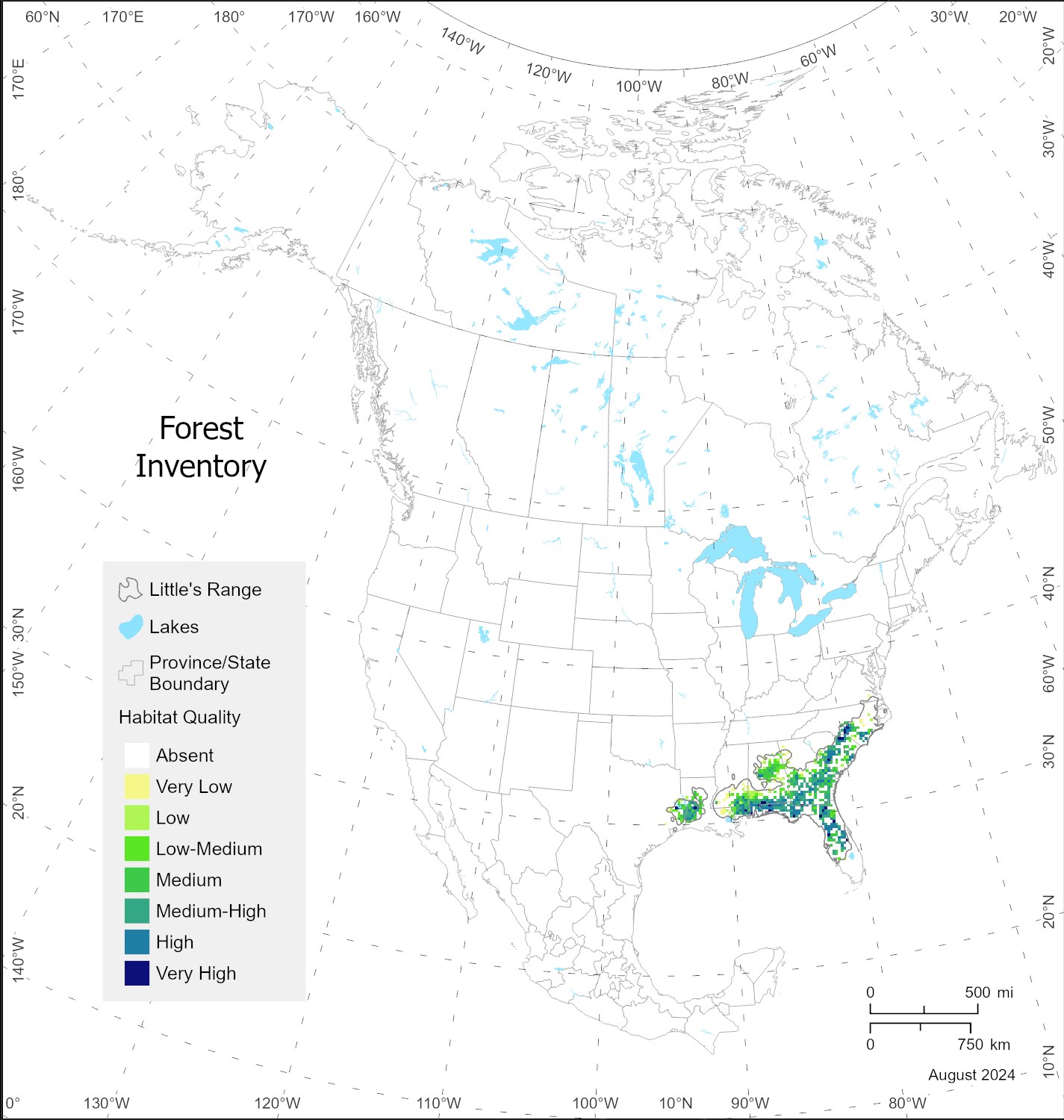Map of North America showing seven levels of habitat quality for longleaf pine where the species is present in the southeastern United States and the boundaries of the range of longleaf pine as determined during the 1970s. 