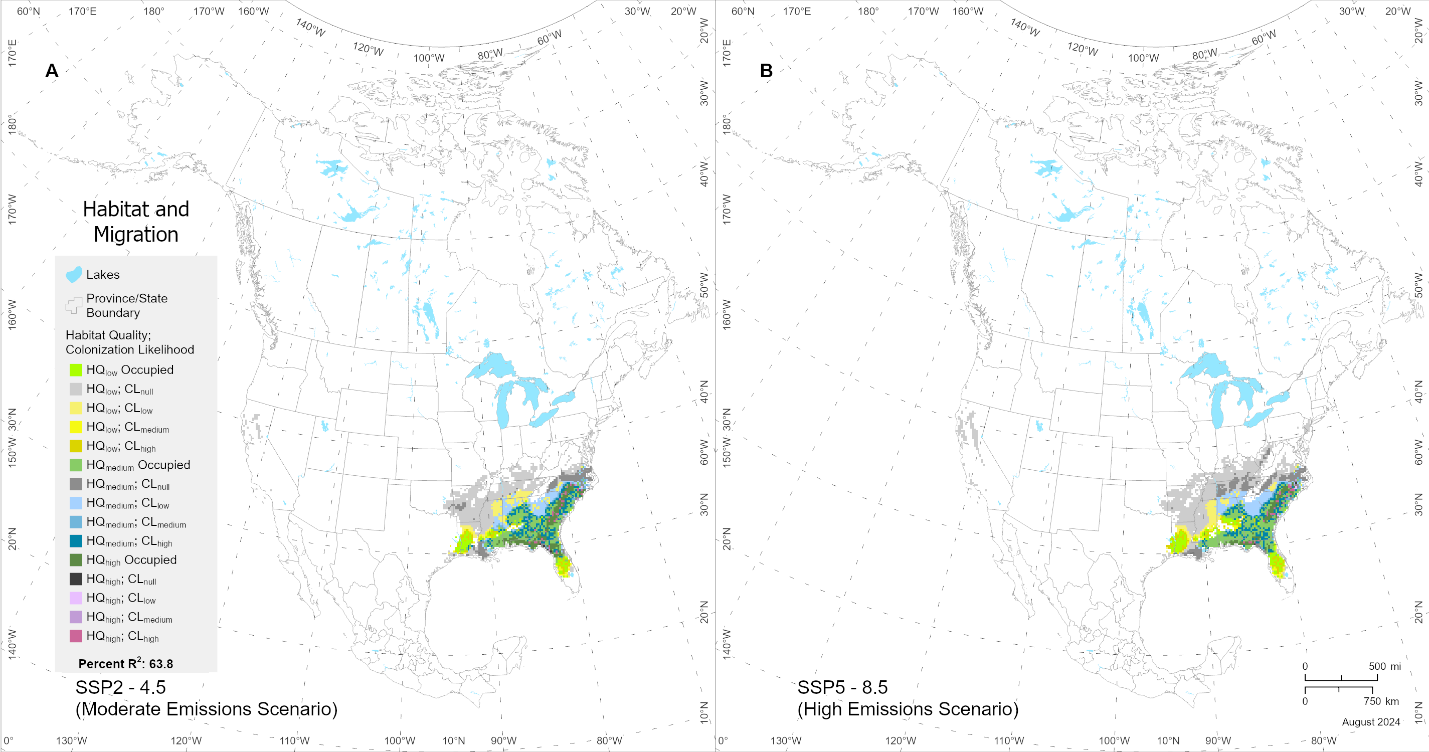 Maps of North America colored to show projected relative habitat quality for longleaf pine by the end of the 21st century. Potential habitat expands westward and northward under both model scenarios.