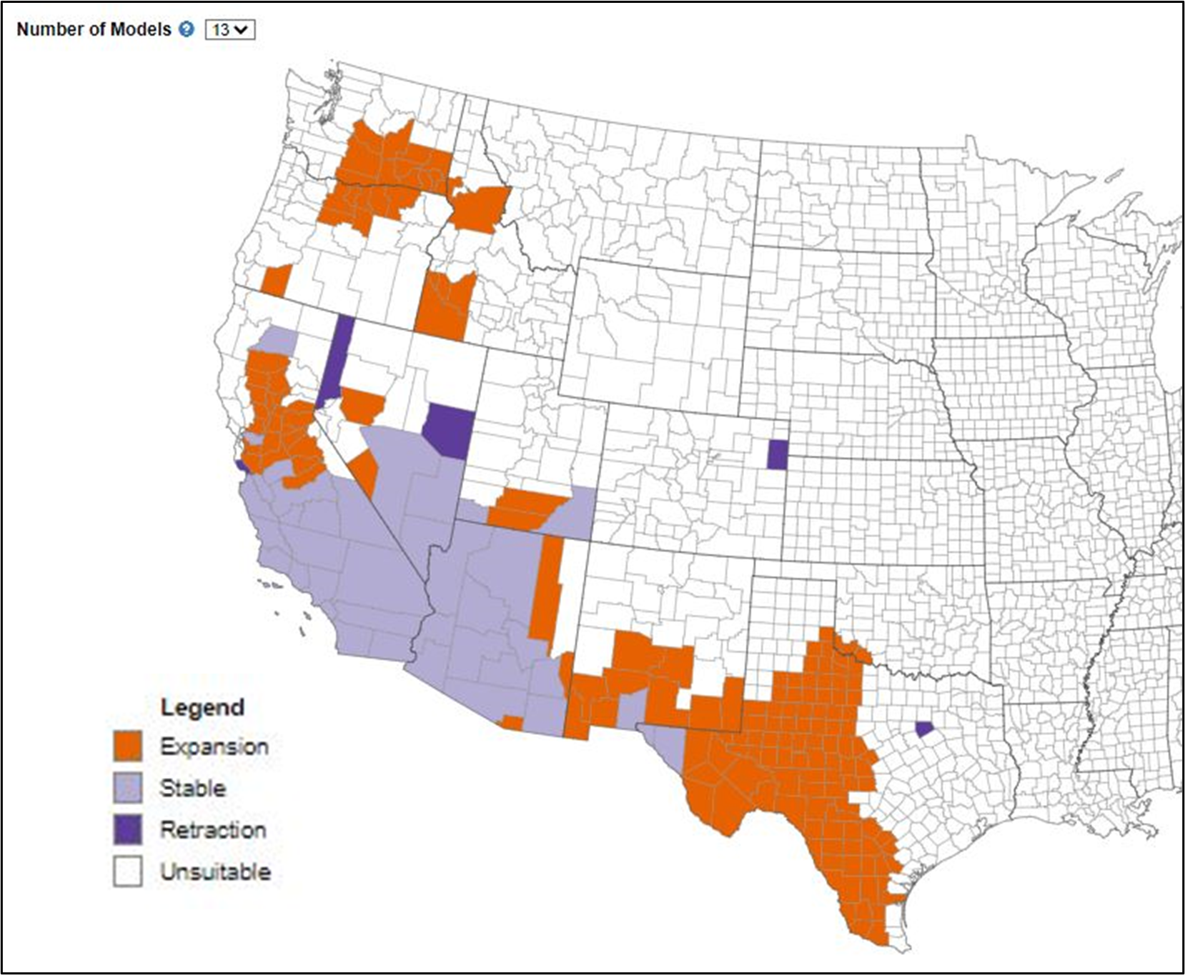 Distribution of the modeled future range (about 2050) of Sahara mustard in the United States. Orange is predicted expansion in range. Violet is predicted stability in range. Purple is predicted retraction in range.