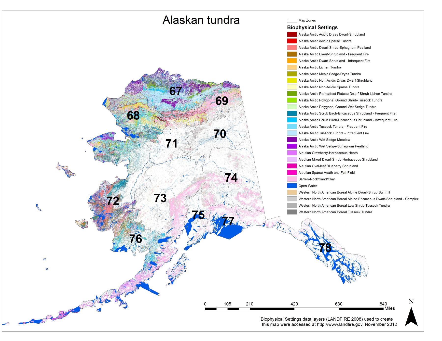 Distribution of tundra landcover within Alaska based on the LANDFIRE Biophysical Settings data layer