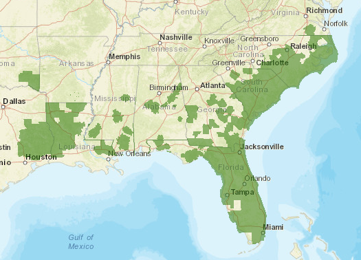 Current range of the red-cockaded woodpecker in the Southeast is shown in green. When this image is compared with the historical range in figure 2, it is evident that the species’ distribution has been greatly reduced.