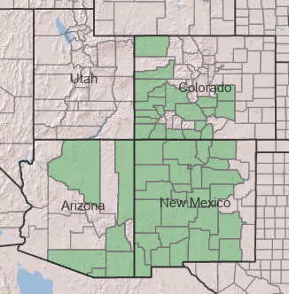 Map showing county-level distribution of kingcup cactus in Arizona, Colorado, and New Mexico.