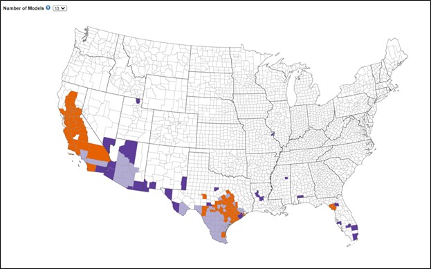 A map showing U.S. counties with some southern and western counties highlighted purple or orange, with highlighted counties concentrated along the U.S–Mexico border.