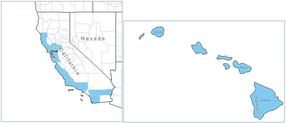 Two maps side by side, of California and Hawai'i, with areas highlighted in blue where Tasmanian bluegum occurs. Most of the California coast is highlighted, and all the Hawaiian islands.