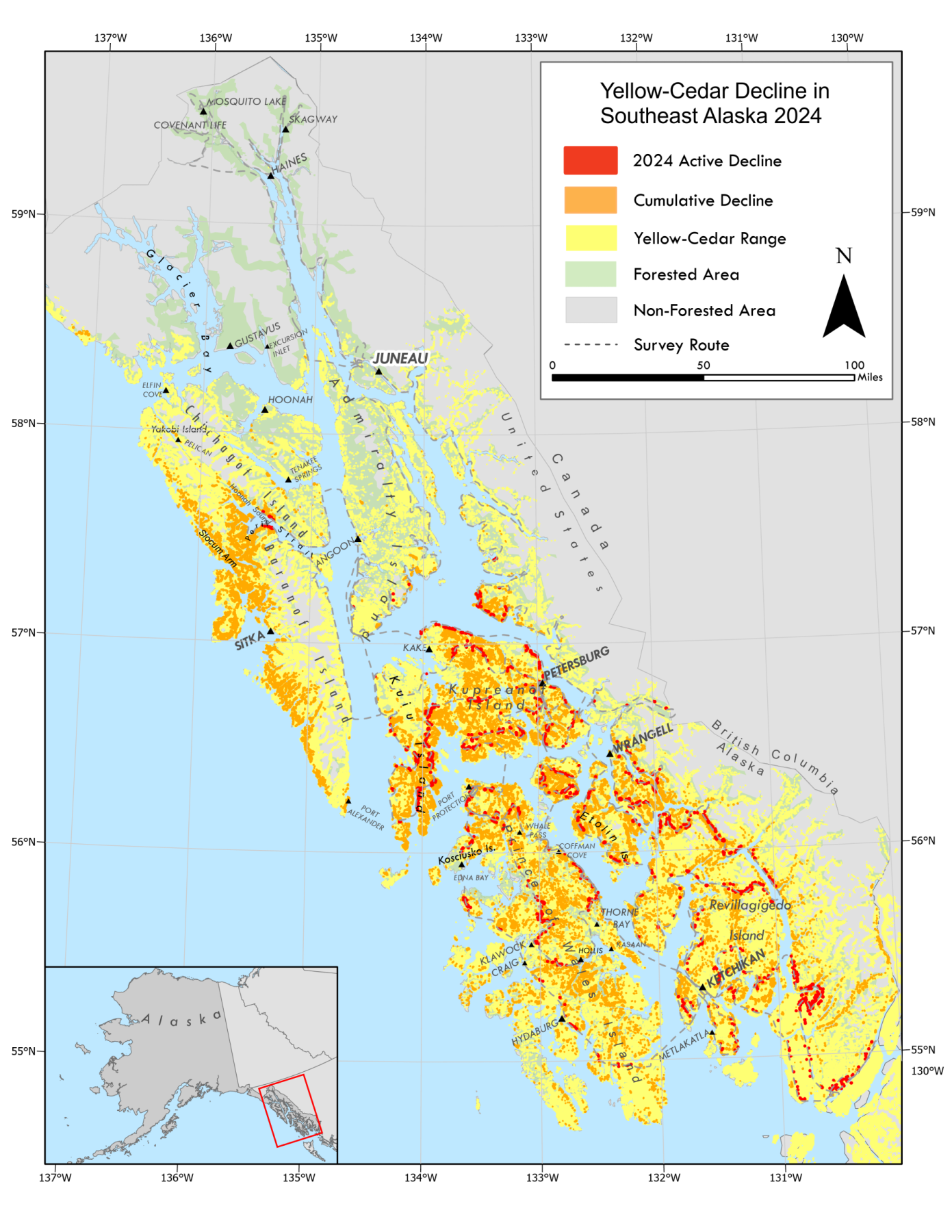 Map of southeastern Alaska showing yellow-cedar's range and areas where it has died or is actively dying. 
