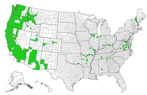 Map of the United States showing the county-level distribution of Himalayan blackberry, concentrated mostly in states along the West Coast and Southwest.