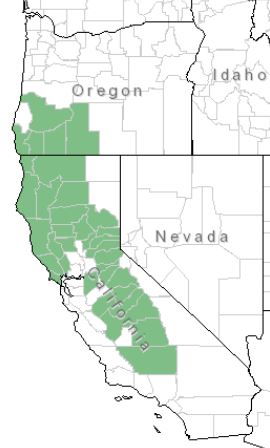 A map of some western U.S. states, with many counties in California and a few counties in southwestern Oregon highlighted green.
