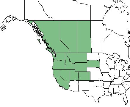 A map of the western United States and Canada, with states from California to South Dakota and north highlighted green, as well as British Columbia, Alberta, and Saskatchewan in Canada.