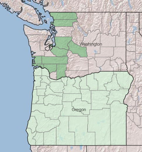 Map of Washington and Oregon showing the distribution of Alaska blueberry by county.