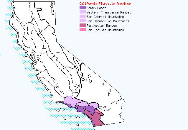 A map of California with pink and purple highlighting in the southwesternmost portion of the state.