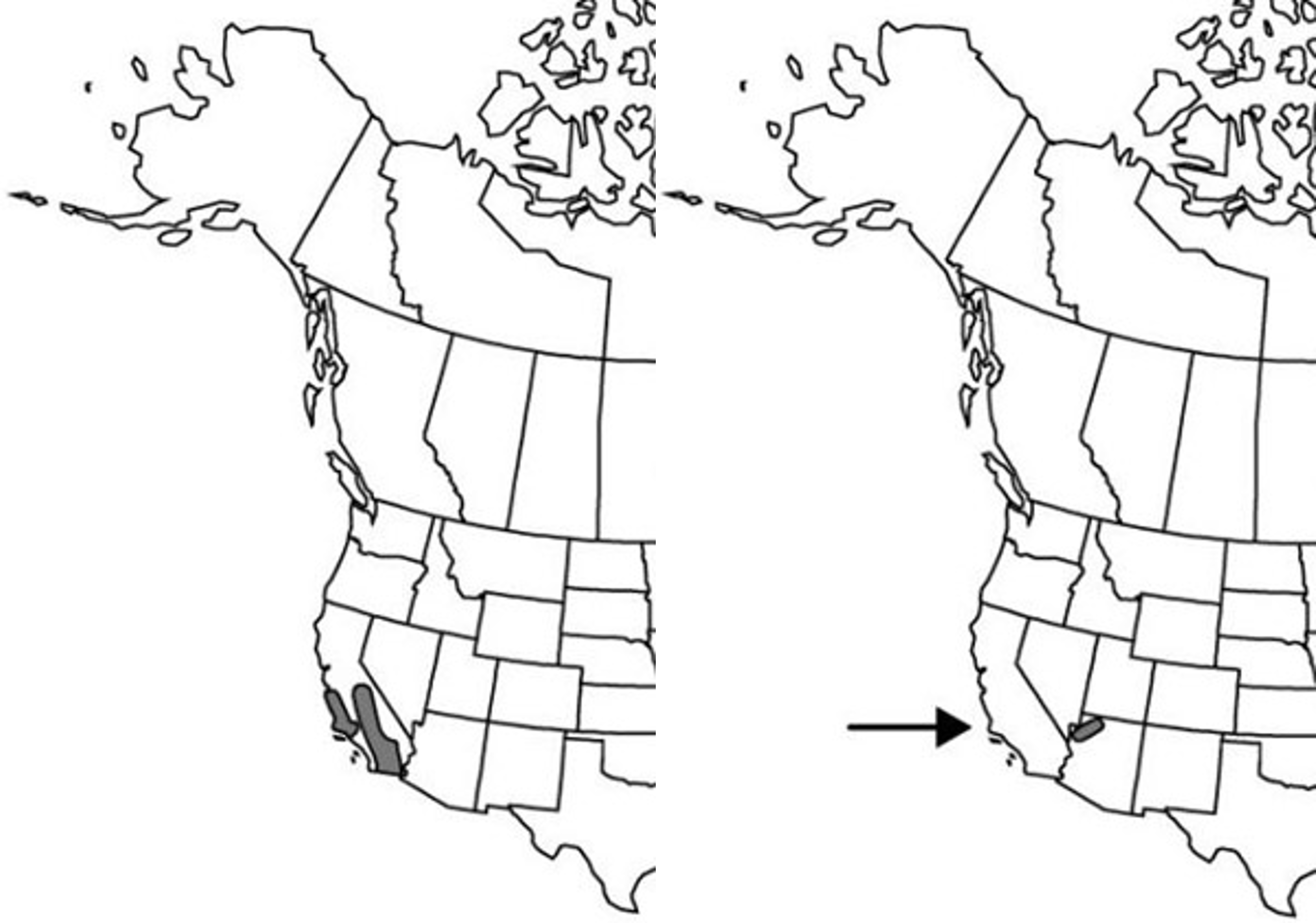 Two maps side by side of the western United States and Canada, with the map on the left showing a shaded polygon in southern California and the map on the right showing a shaded polygon in northwestern Arizona.