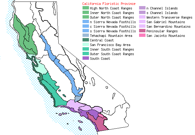 A map of California with coastal floristic provinces highlighted different colors.
