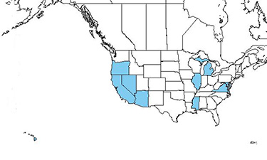 A map of the continental United States, with southwestern states and a few midwestern states highlighted blue.