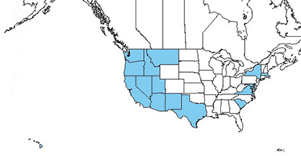 A map of the continental United States with most desert and coastal western states highlighted blue, as well as a few eastern states.