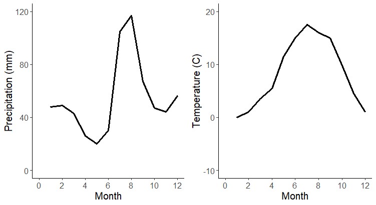 Two line graphs of precipitation and temperature by month for southwestern white pine habitat.