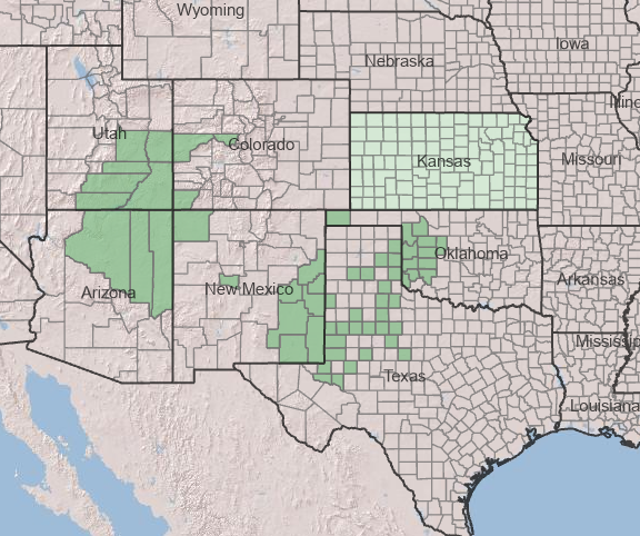 Map of the south-central United States showing the distribution of Harvard oak in Utah, Colorado, Arizona, New Mexico, Kansas, Oklahoma, and Texas.
